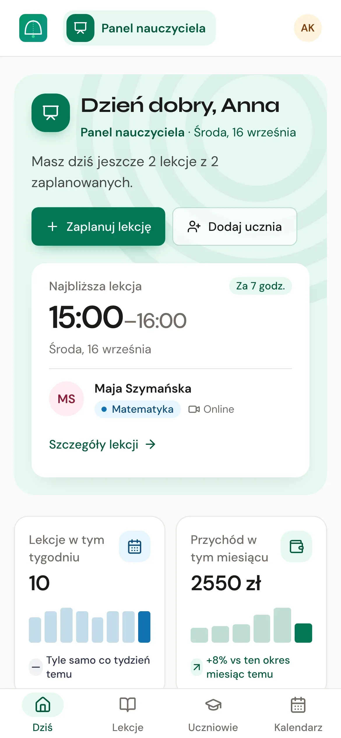Pulpit nauczyciela w Acadeum: powitanie, najbliższa lekcja, liczba lekcji w tygodniu, przychód, kwota do odebrania, uczniowie i plan dnia.